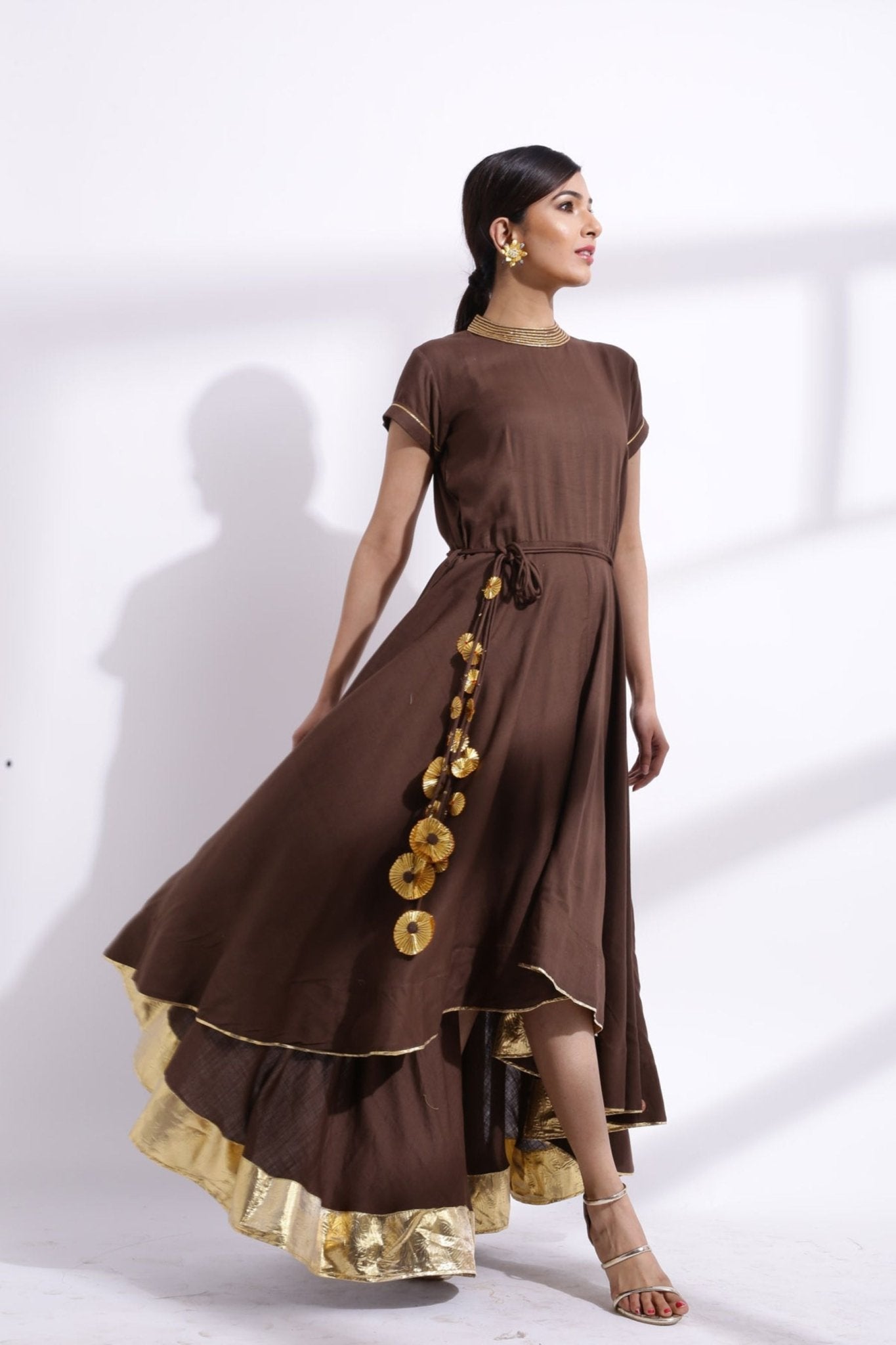 Gota Detailing Fishtail Dress brown solid -JCS Fashions Sustainable JCS Fashions