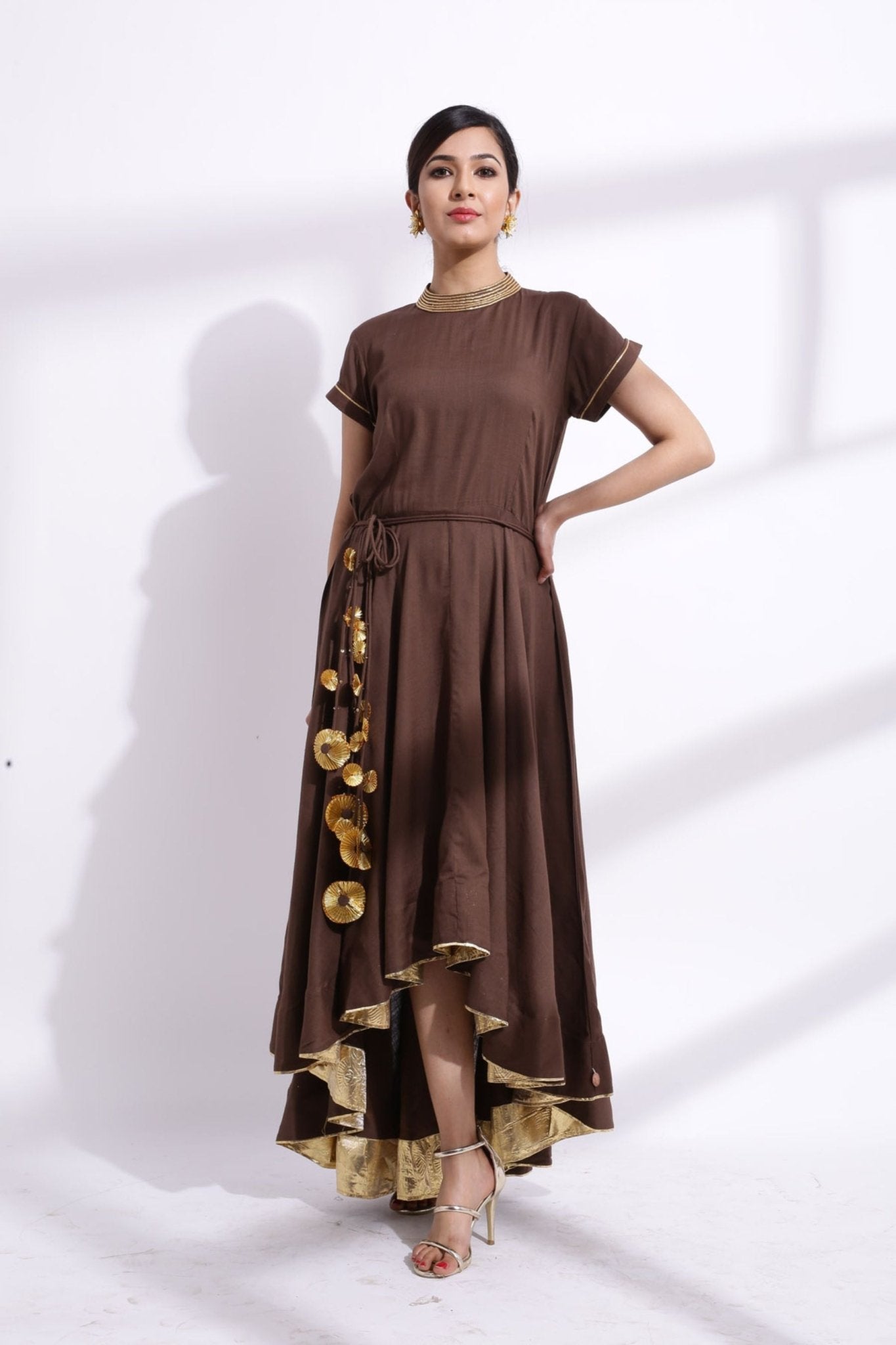 Gota Detailing Fishtail Dress brown solid -JCS Fashions Sustainable JCS Fashions