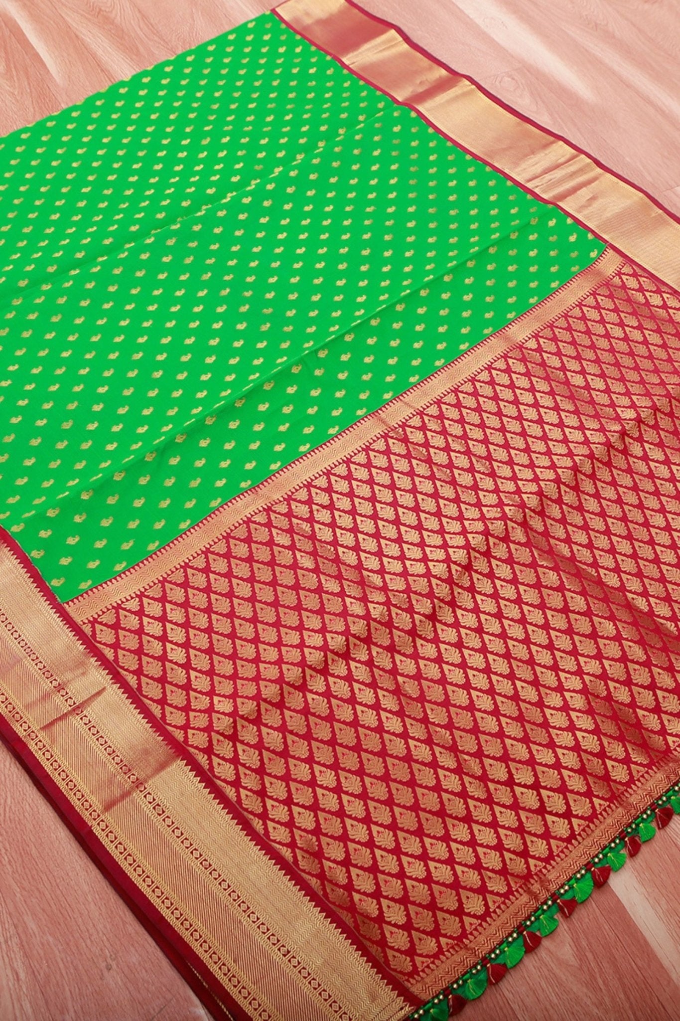 Green Korvai Buttis Semi Silk Saree: Designer Tassels, Maggam Work Blouse SAREE JCS Fashions