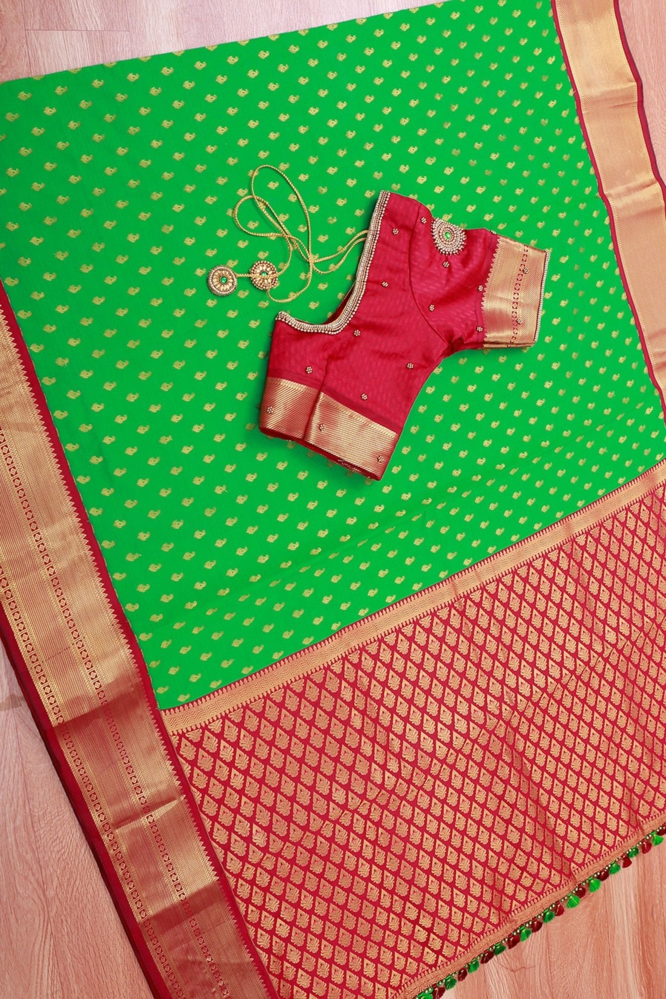 Green Korvai Buttis Semi Silk Saree: Designer Tassels, Maggam Work Blouse SAREE JCS Fashions