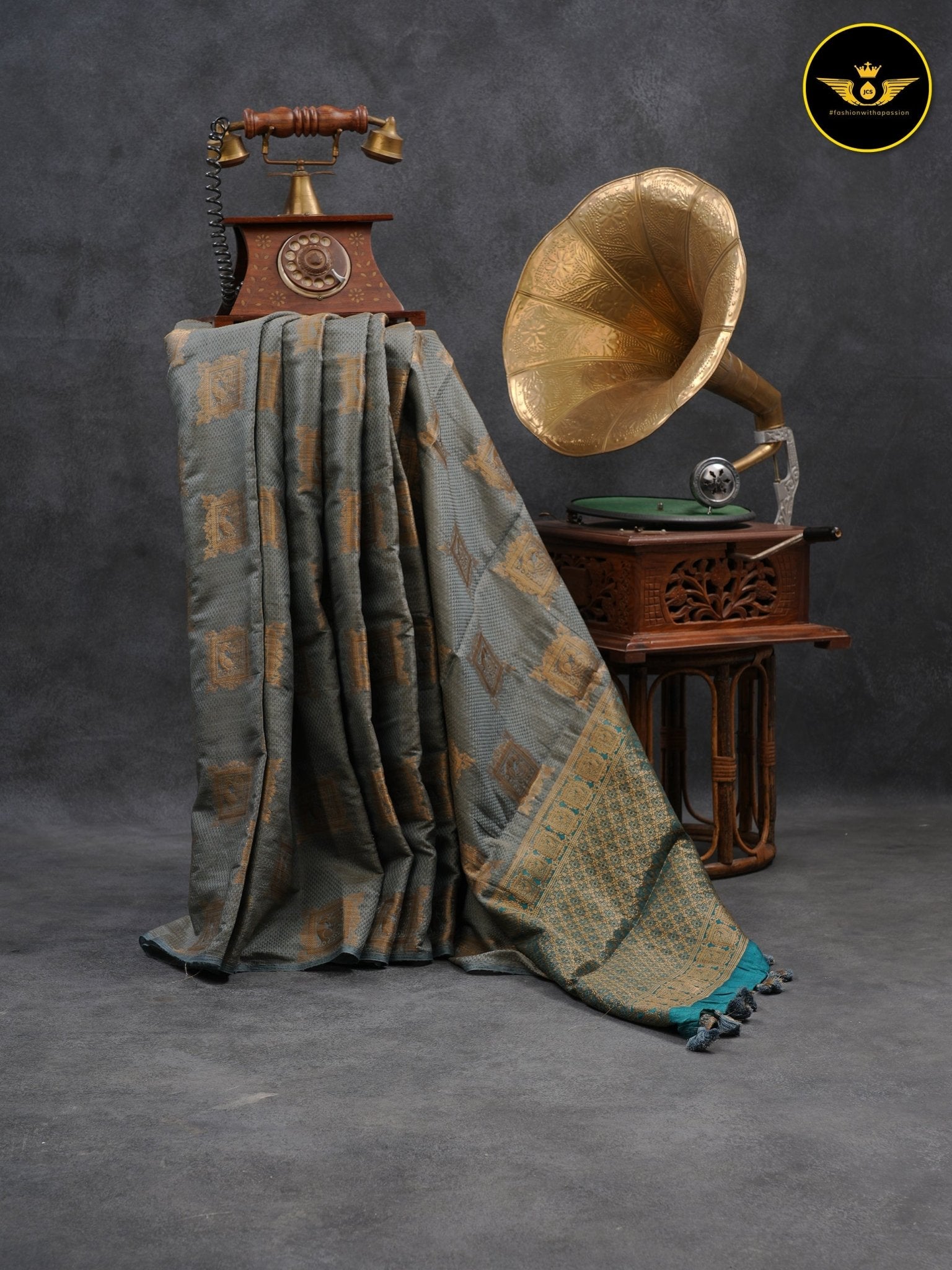 GREY Color Chanderi Silk Saree With Contrast Teal Blue Color Lace Work Blouse SAREE JCS Fashions