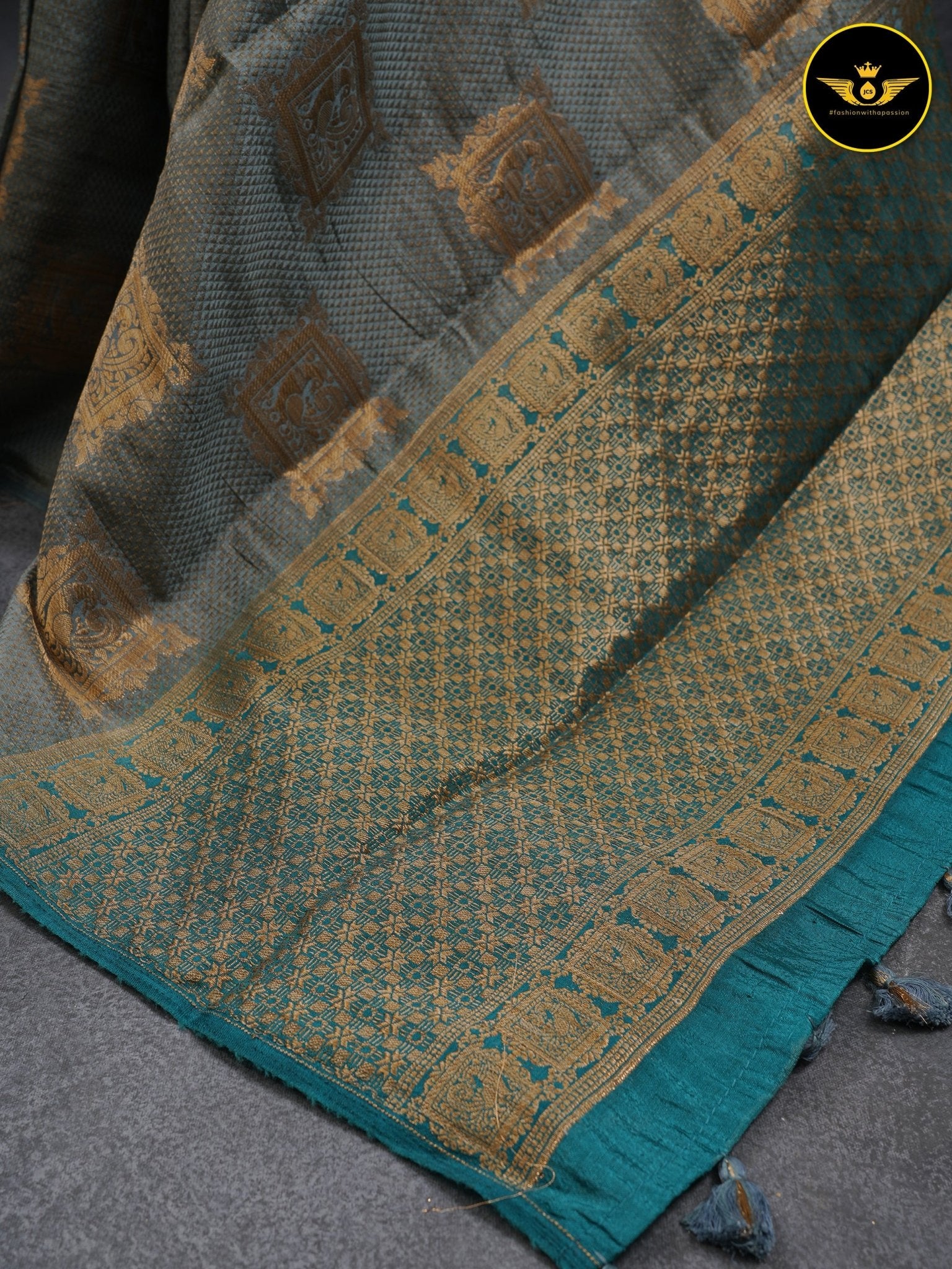 GREY Color Chanderi Silk Saree With Contrast Teal Blue Color Lace Work Blouse SAREE JCS Fashions