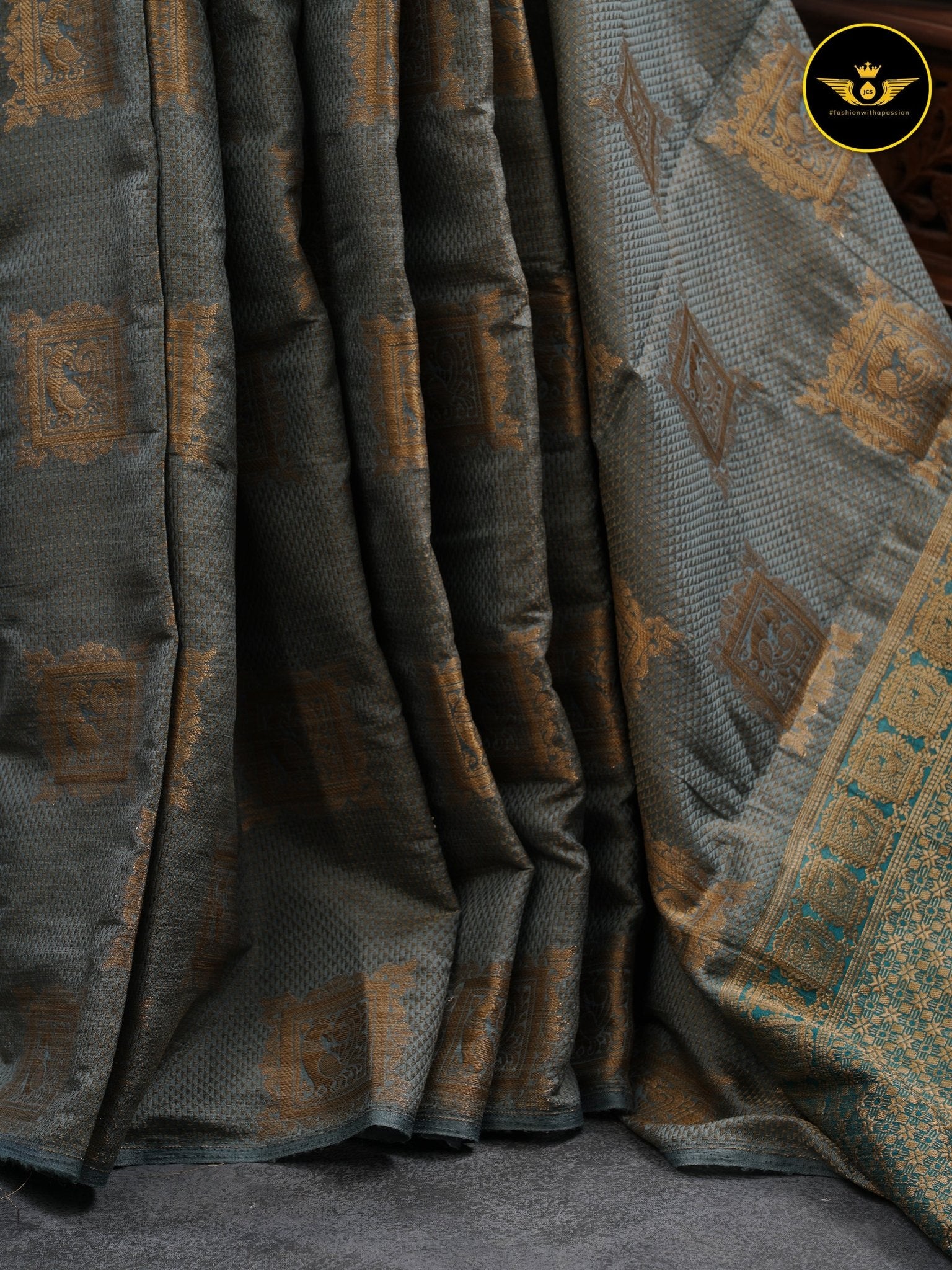 GREY Color Chanderi Silk Saree With Contrast Teal Blue Color Lace Work Blouse SAREE JCS Fashions