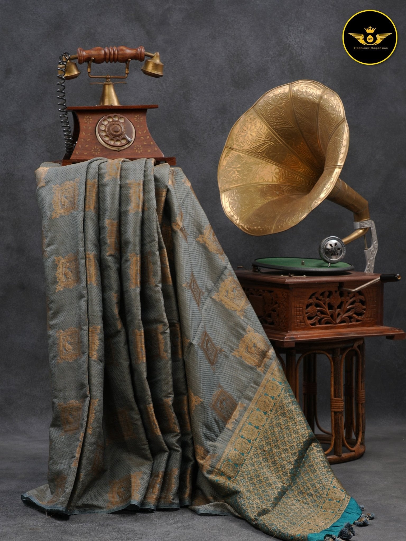 GREY Color Chanderi Silk Saree With Contrast Teal Blue Color Lace Work Blouse SAREE JCS Fashions