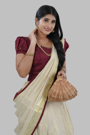 Beige High-quality Kerala Cotton Lehenga Set in Golden