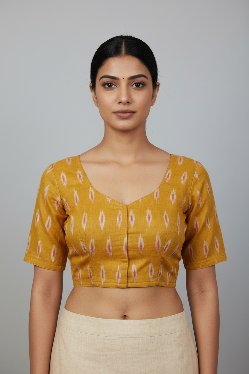Orange Pure Cotton Ikkat Blouse - Designer