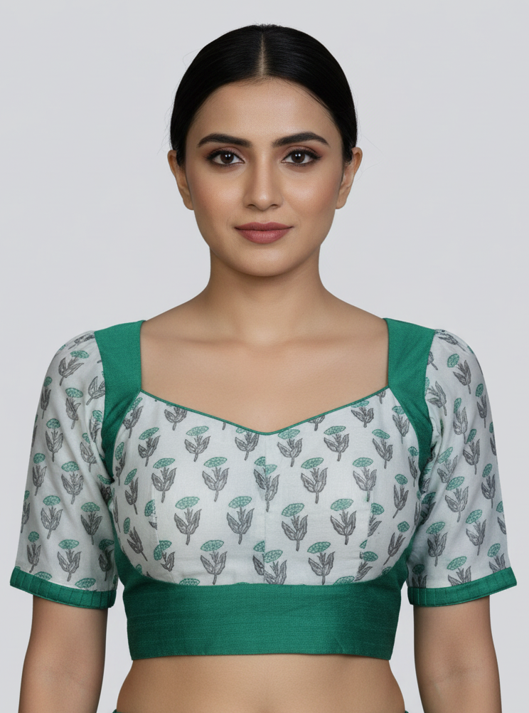 Green Cotton Designer Blouse - Back Open, Tassels