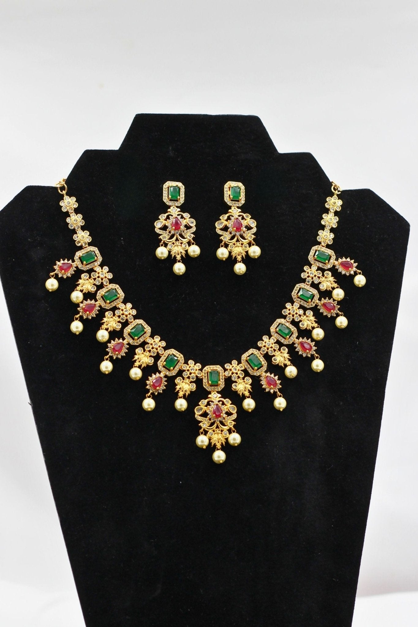 JCS Fashion's Luxurious 1 Gram Gold Necklace and Earring Set Jewelry JCS Fashions Green and Pink 7"