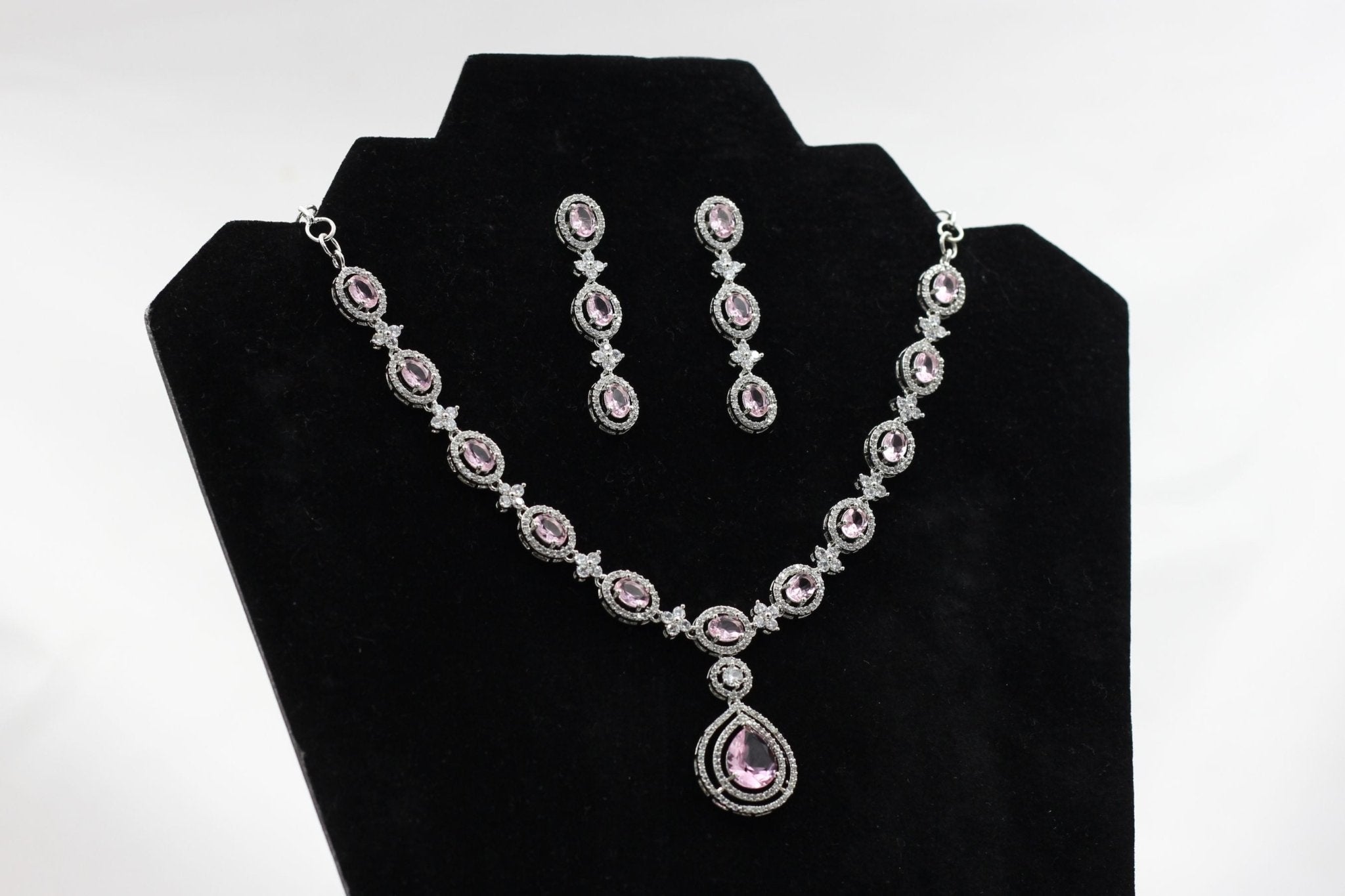 JCS Sophisticated Silver Polish Jewelry Set with White and Pink Stones Jewelry JCS Fashions Pink 10"