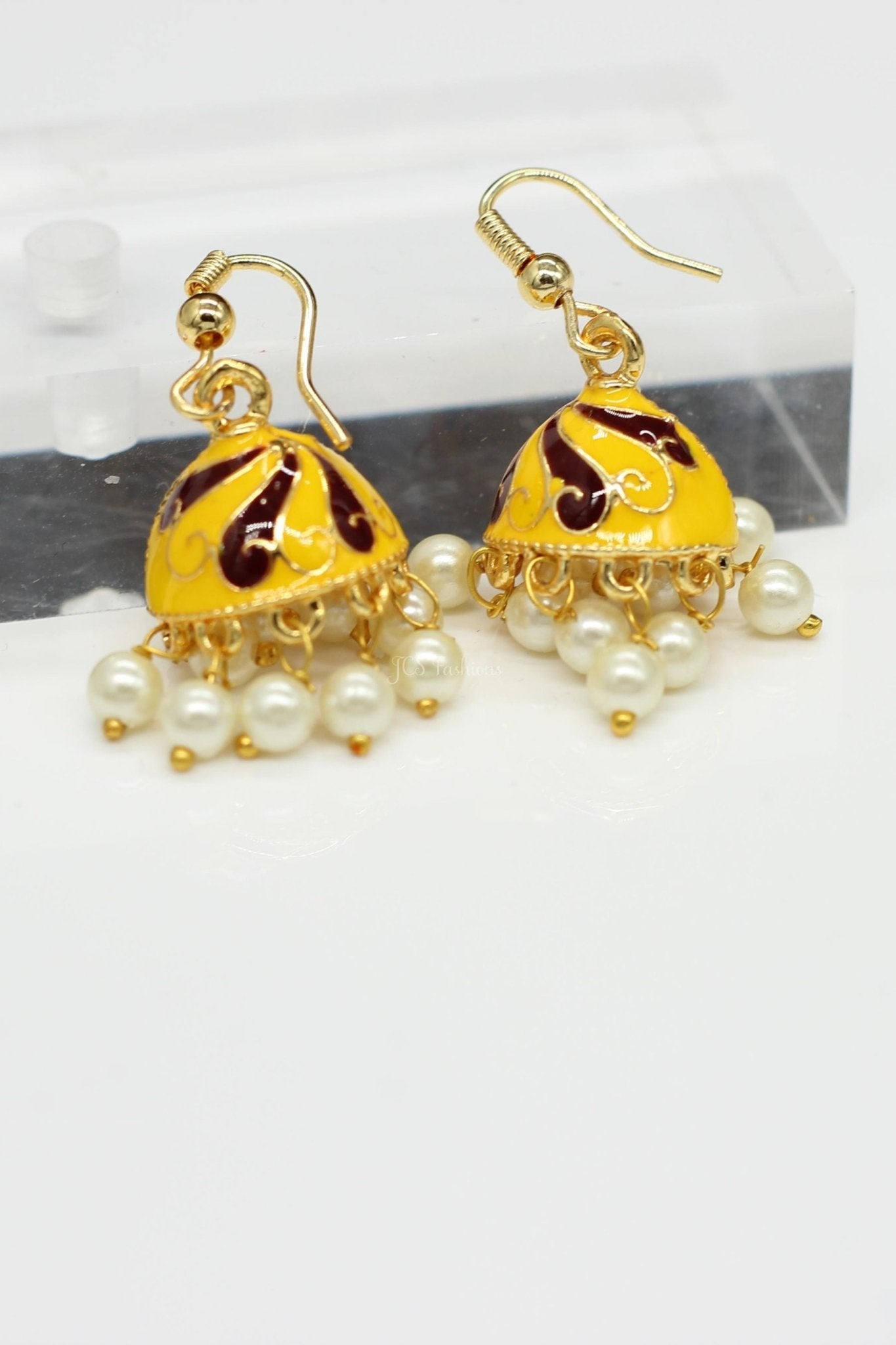 Jhumka Earrings With Imitation Pearls For Women, Hoop type Jewelry JCS Fashions Yellow
