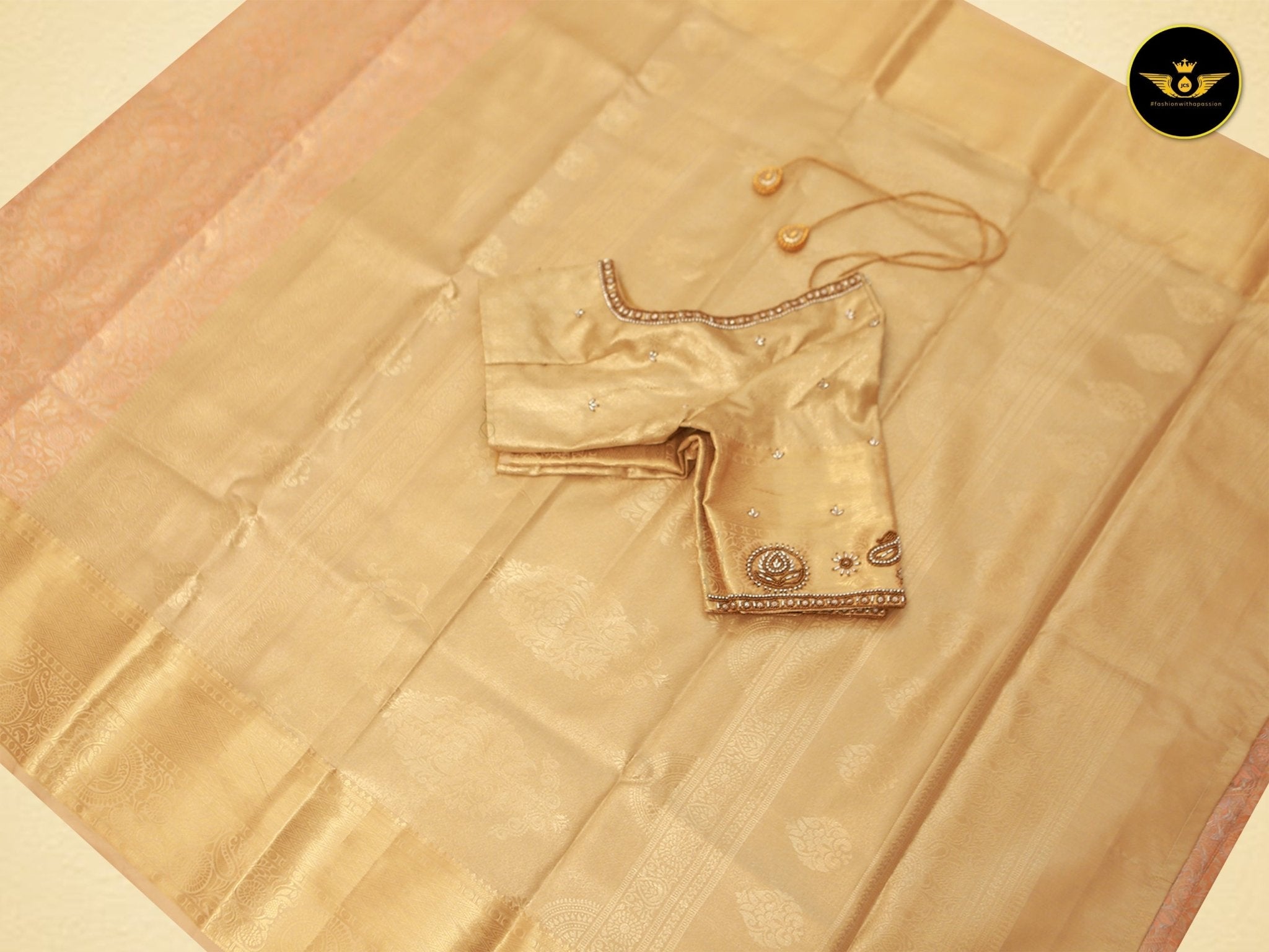 Kanchipuram Semi-Bridal Saree with Dazzling Zari Work throughout SAREE JCS Fashions Peach 5.5 meters