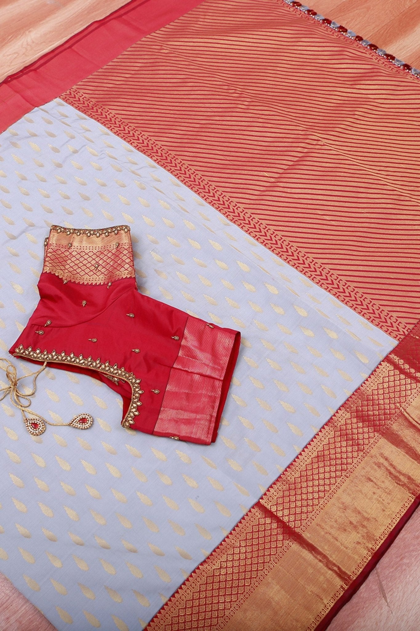 Korvai Buttis Semi Silk Saree - Designer Tassels & Maggam Work Blouse SAREE JCS Fashions Grey 5.5 meters