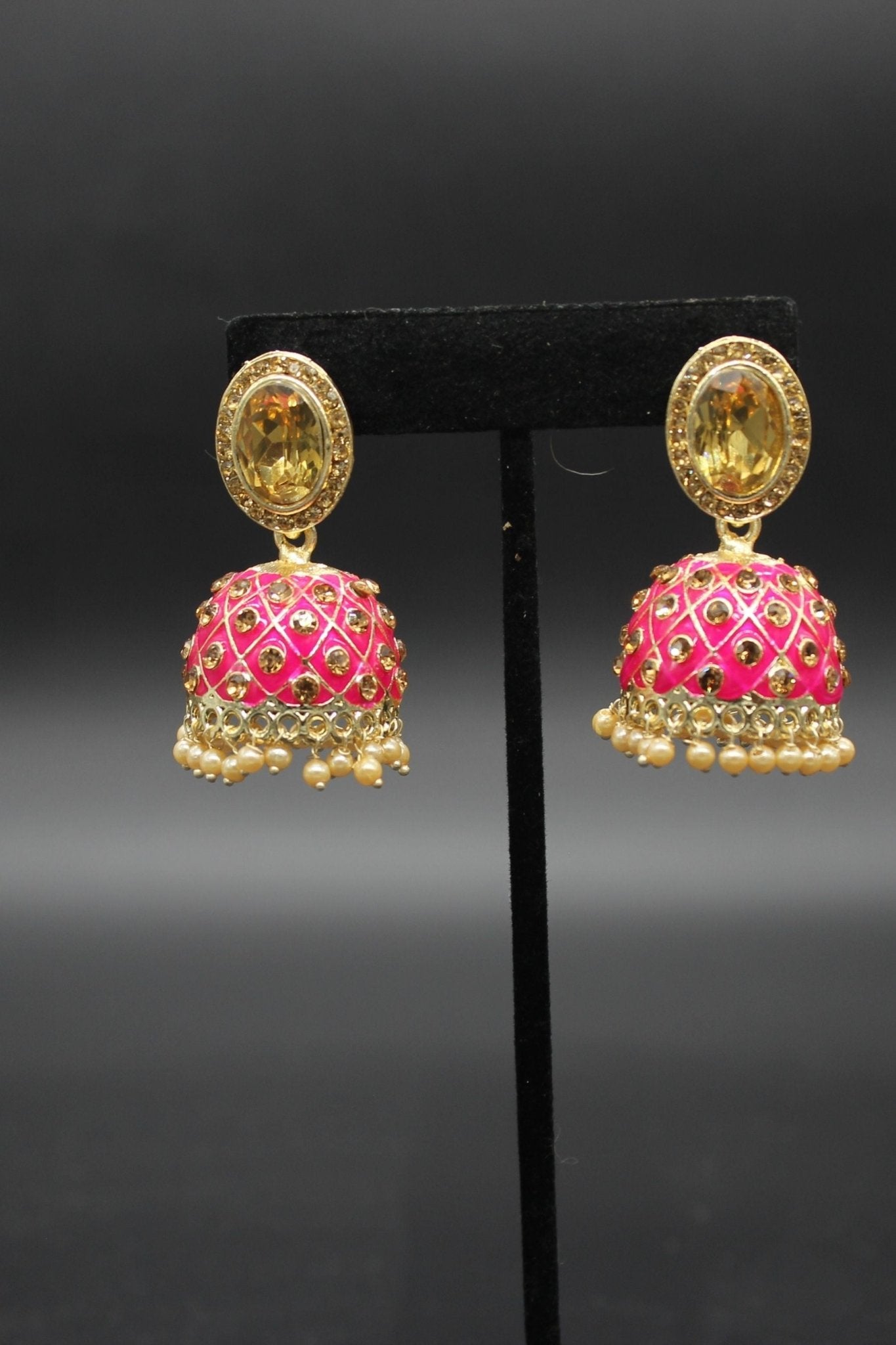 Kundan Jhumka Earrings With stones. Multiple Colors Available Jewelry JCS Fashions Rani Pink 2 inch
