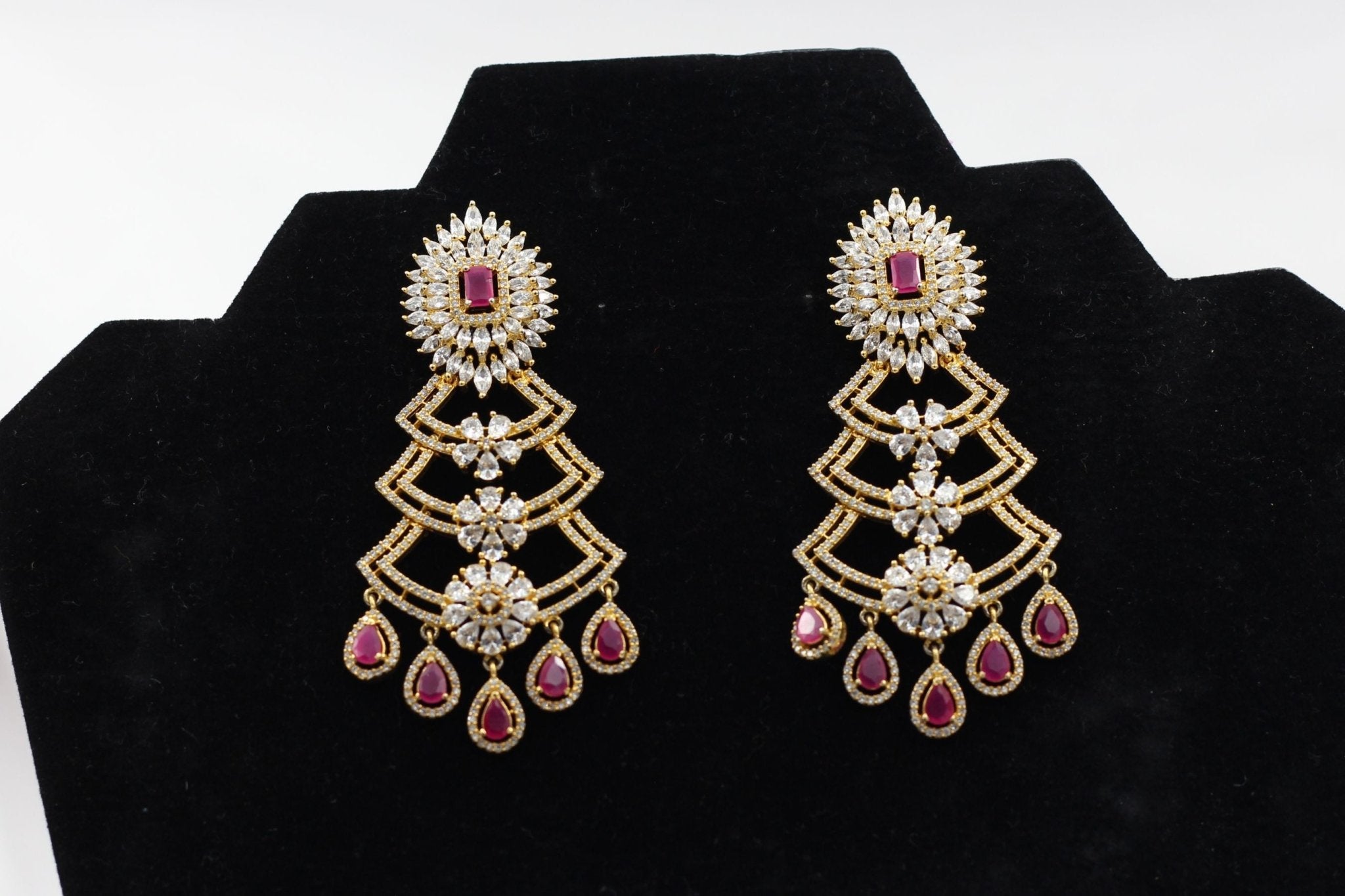 Luxe Pink & White Stone Long Earrings with Gold Polish - JCS Fashions Jewelry JCS Fashions Gold 3.2"