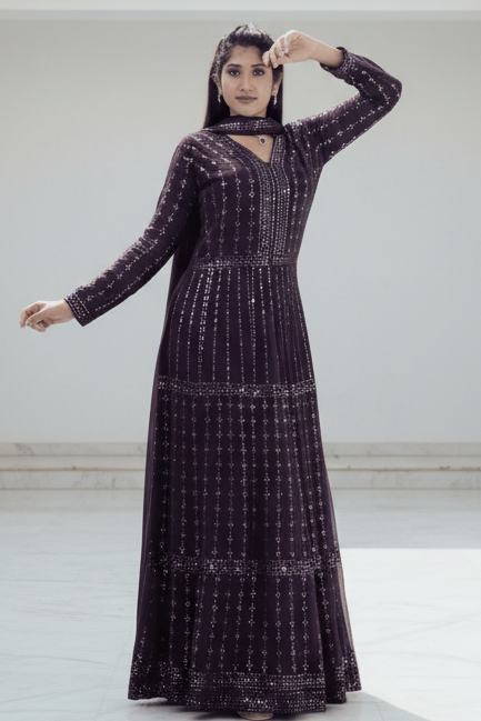 Luxurious Embroidered Georgette Kurti Gown with Sequin Accents KURTI JCS Fashions Deep Purple Medium (38)