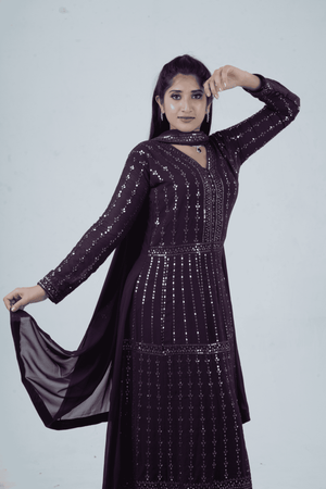 Purple Embroidered Georgette Kurti Gown with Sequin
