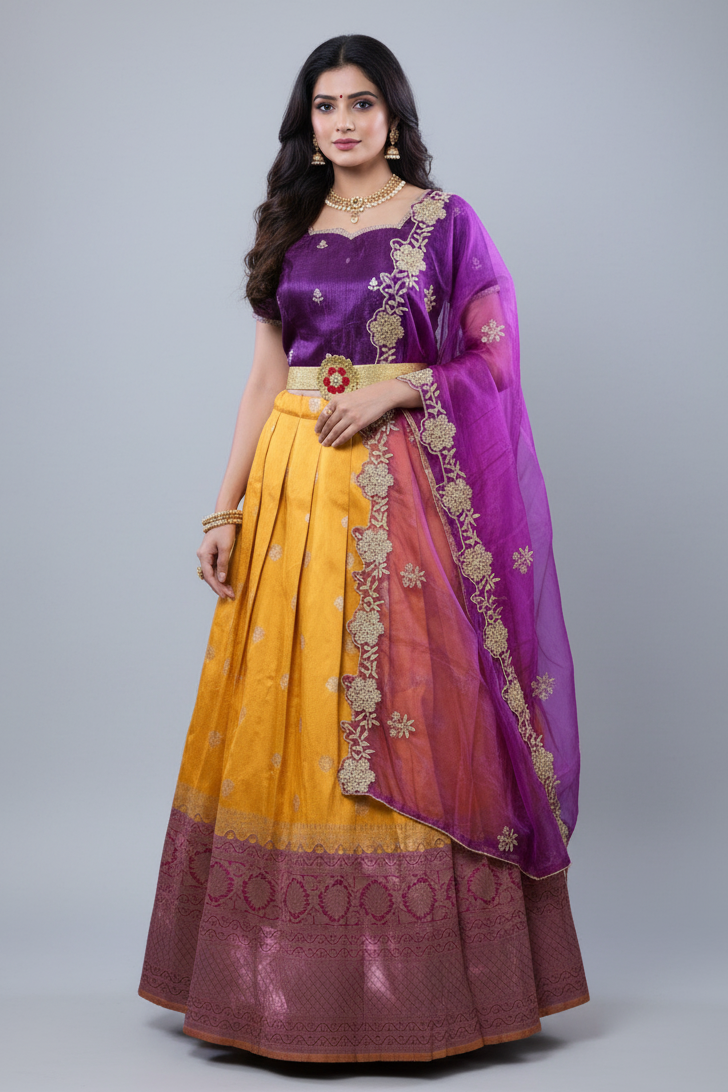 Luxurious Pure Kanchipuram Silk Lehenga With Zari Border and Dupatta