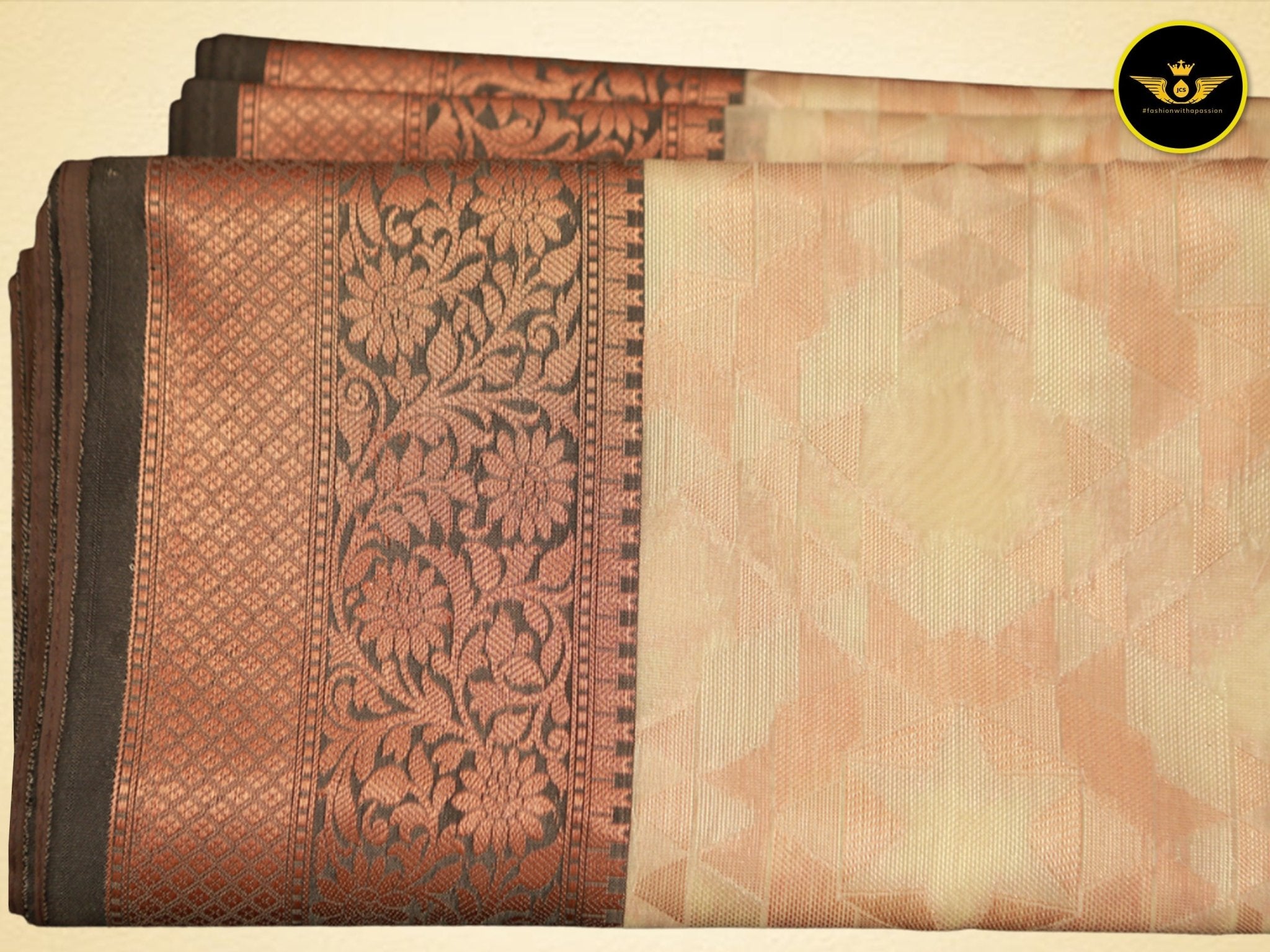 Luxurious Semi-Silk Saree with Contrast Borders & Stitched Blouse Saree JCS Fashions beige 5.5 meters