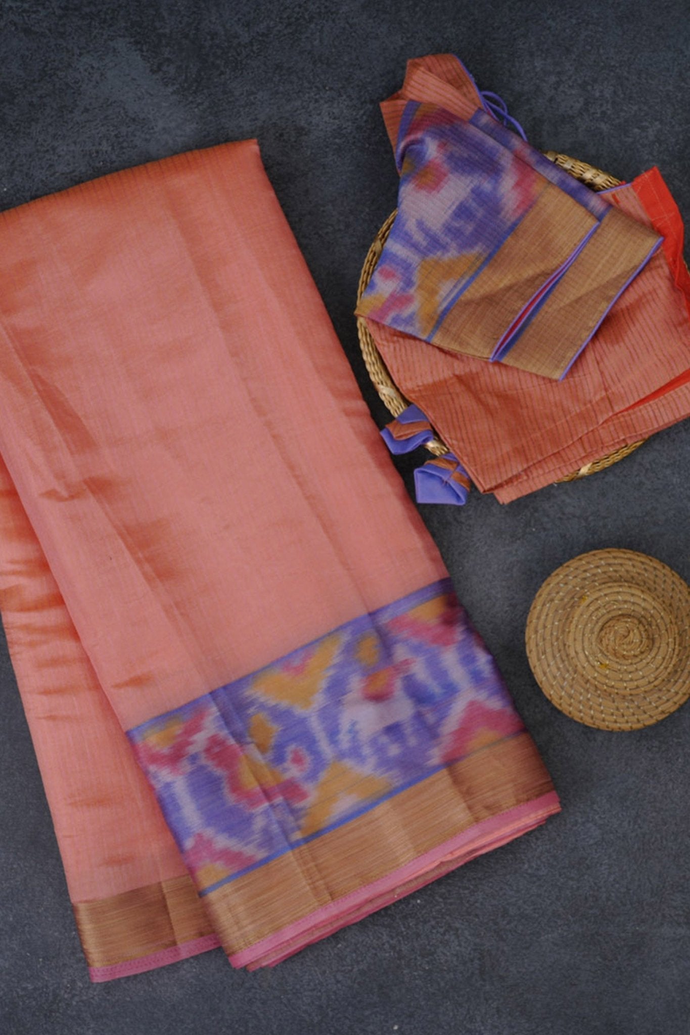 Luxury Semi Tussar Silk Saree with Pochampally Border Saree JCS Fashions Peach 5.5 meters