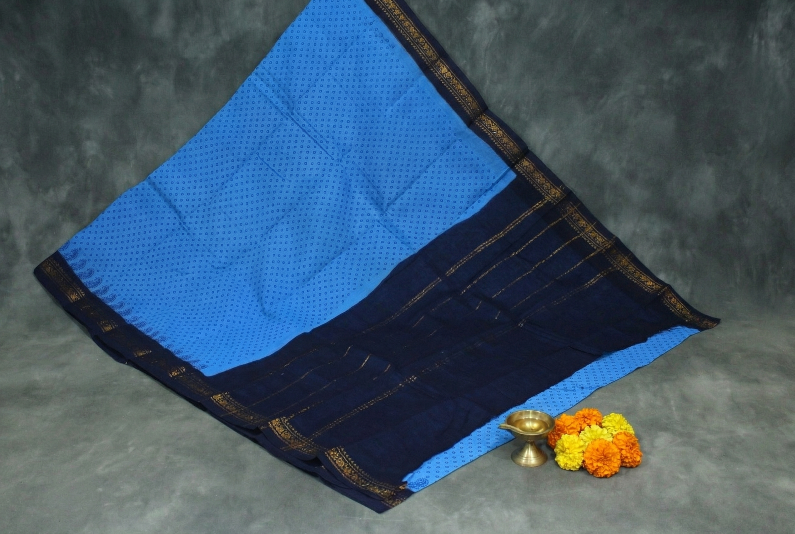 Blue Poly Cotton Printed Saree with Navy Golden Border - 5.5m - Blue