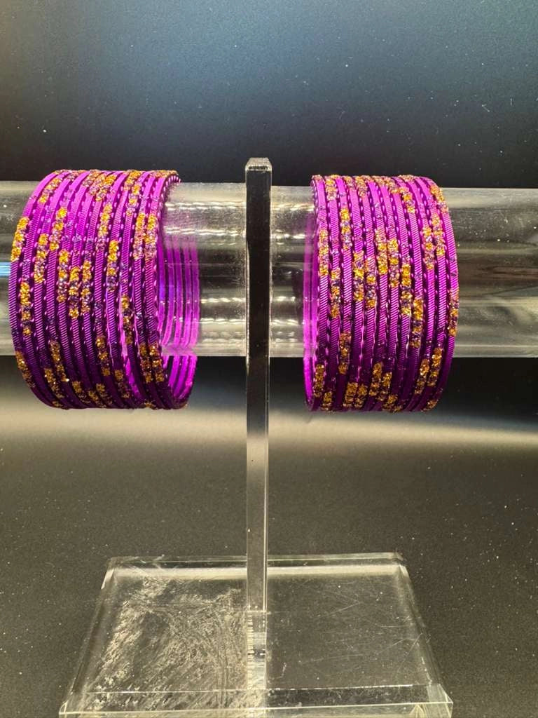 Purple and Gold Glitter Kids Metal Bangles Set (24 Pieces) - Purple