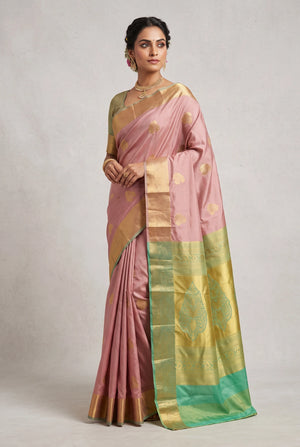 Onion Pink Soft Silk Saree with Contrast Border and Delicate Gold Zari Buttas, Traditional Floral Border