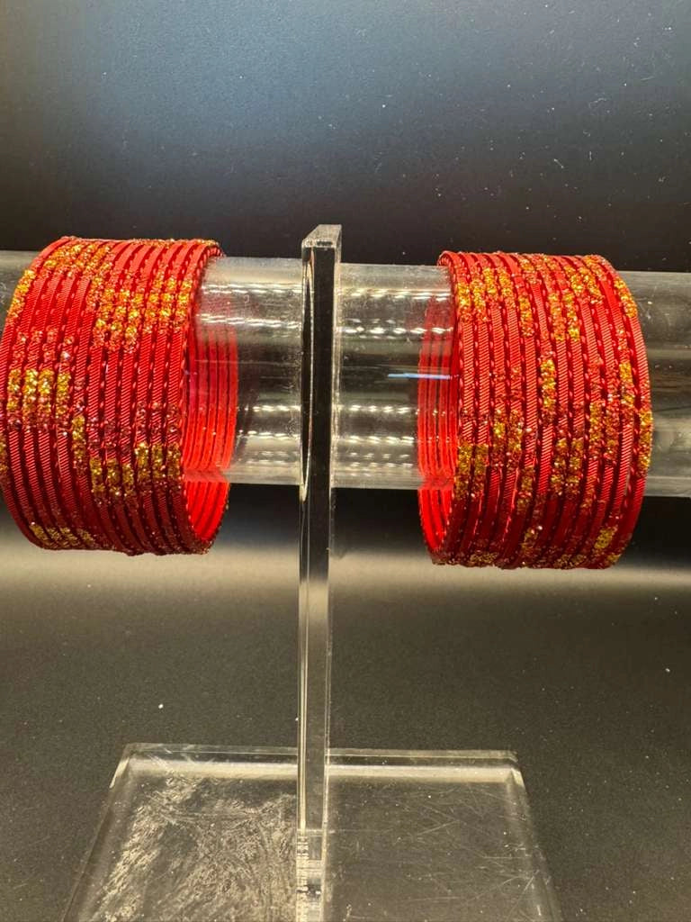 Kids Red and Gold Glitter Metal Bangles Set (24 Pcs) | Fashion Jewellery for Girls - Red