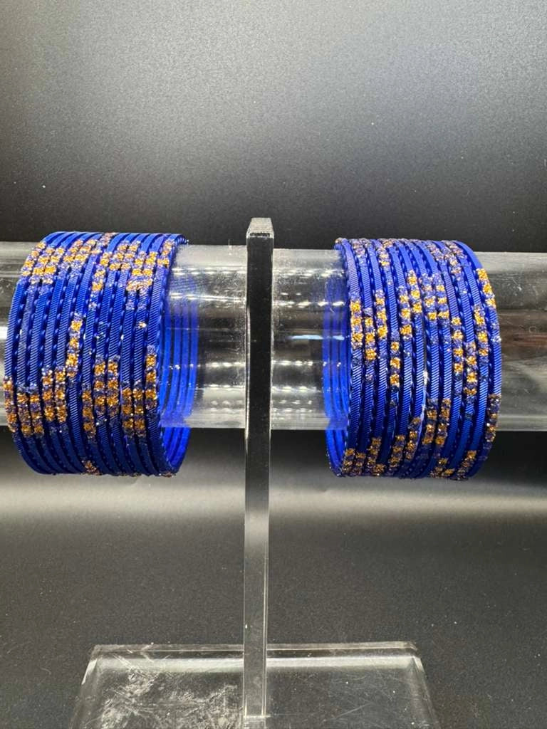 Royal Blue Kids Metal Bangles with Gold Glitter (24 Pieces) for Daily Wear - Royal Blue