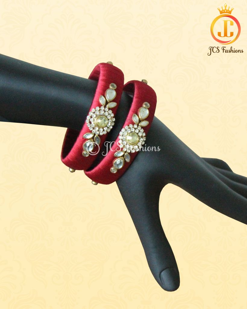 Maroon Silk Thread Bangles with Stone and Aari Work Jewelry JCS Fashions