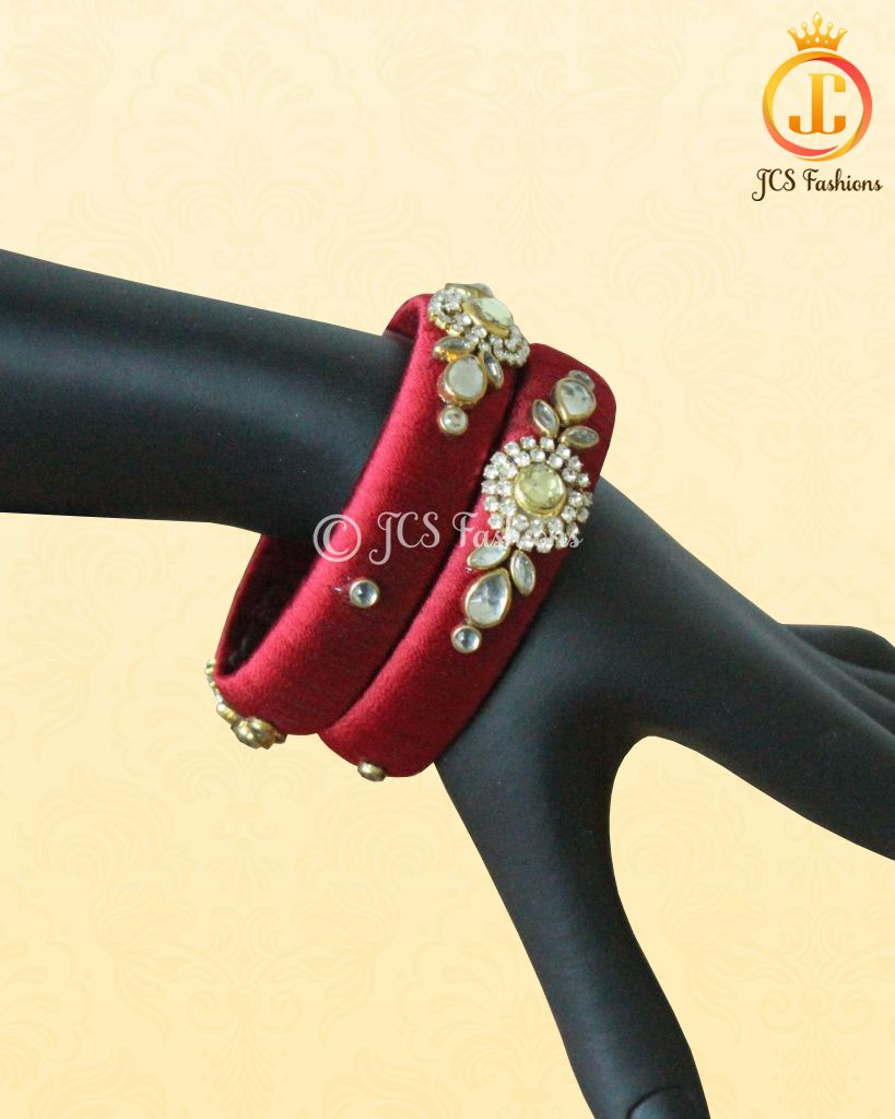 Maroon Silk Thread Bangles with Stone and Aari Work Jewelry JCS Fashions