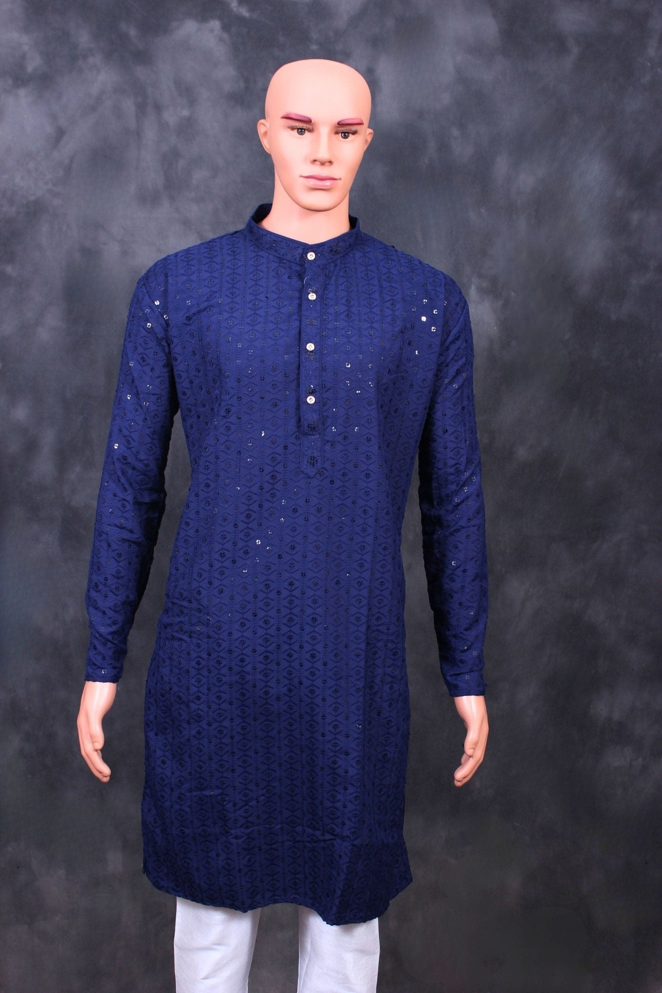 Men's Lakhnavi Kurta: Embroidered Ethnic Elegance by JCSFashions Men JCS Fashions Navy Blue 4X-Large (48)