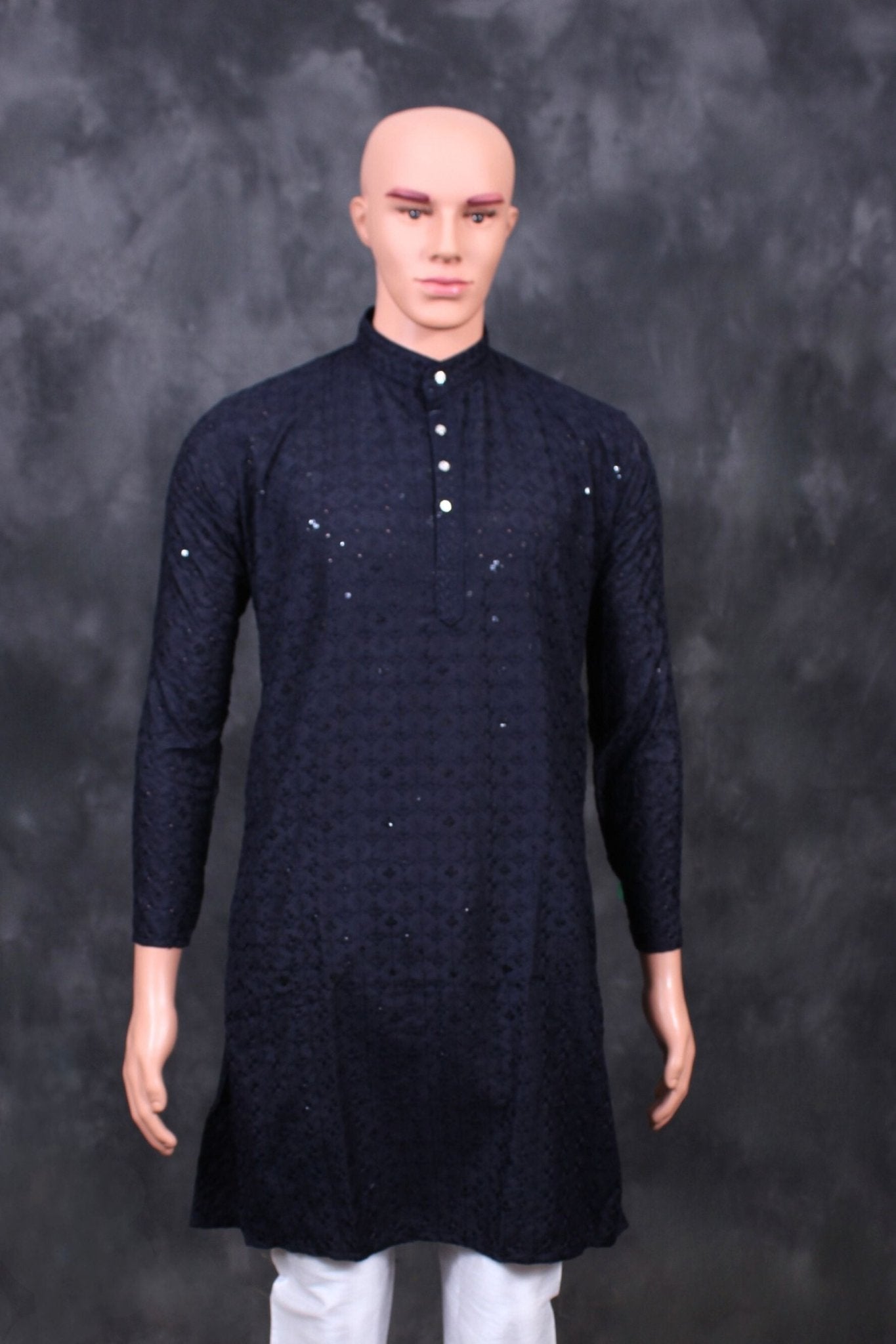Men's Lakhnavi Kurta: Exquisite Embroidered Chikankari Craftsmanship Men JCS Fashions Navy Blue Large (40)