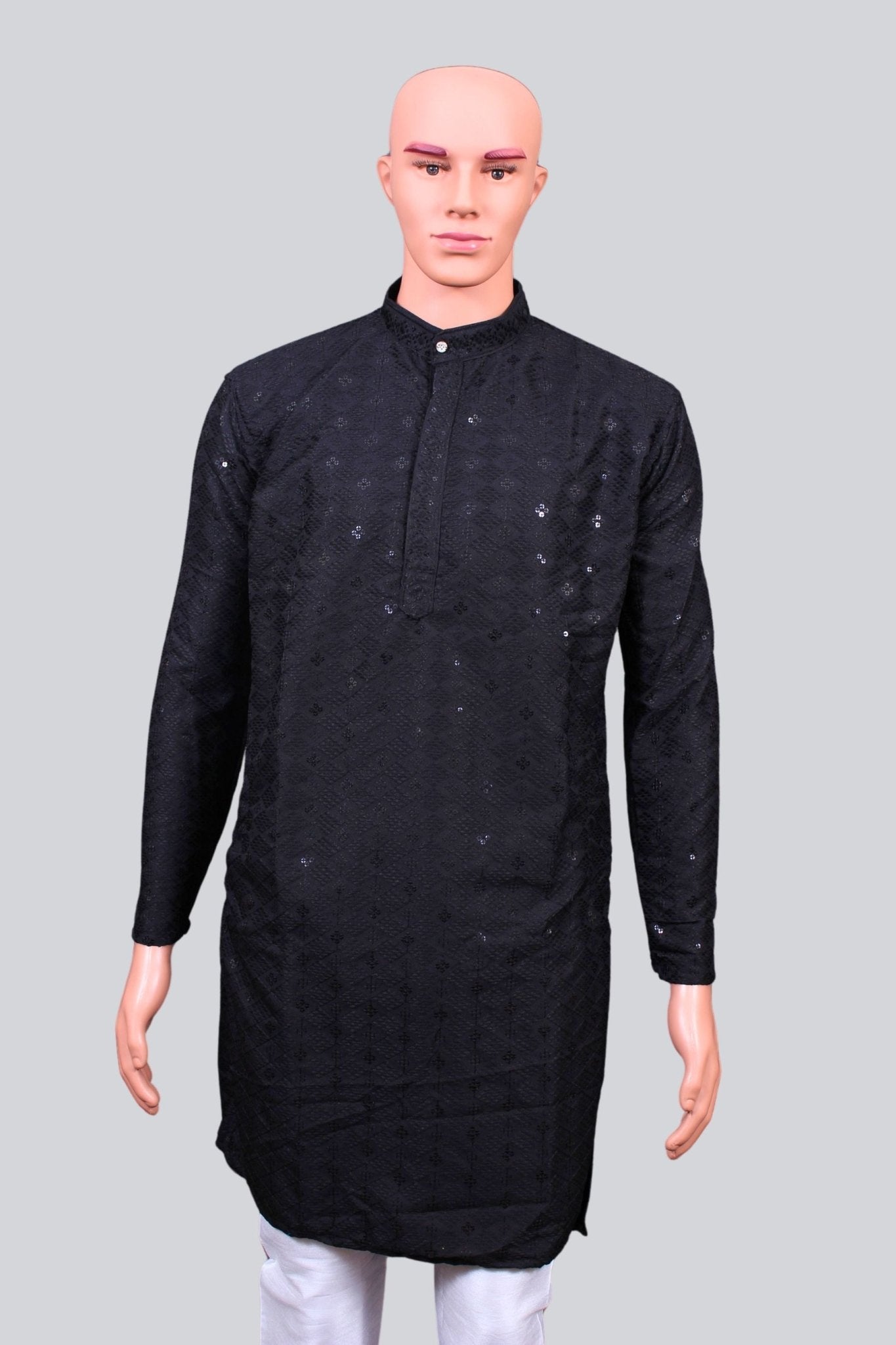 Men's Lakhnavi Kurta with Exquisite Resham and Sequence Detailing Men JCS Fashions Black Small (36)