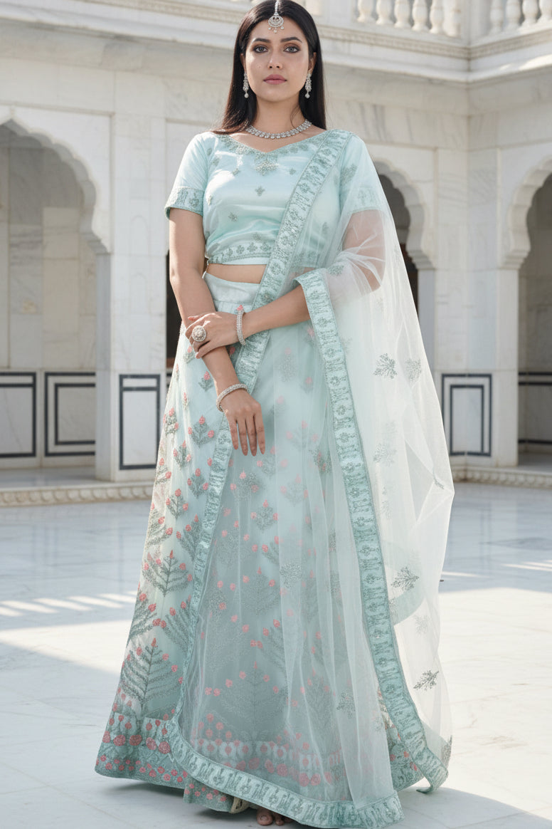 Mesmerizing Soft Net A-Line Lehenga Set: Glitter Embroidery LEHENGA JCS Fashions Pista Green Large (40)