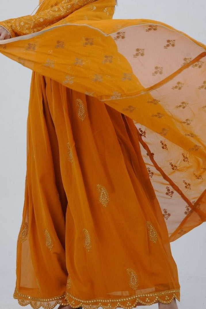 Modern Crop Top, Palazzo Pants & Elegant Overcoat Ensemble in Mustard Kurti JCS Fashions