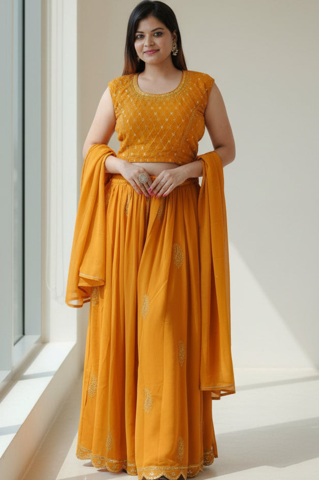 Modern Crop Top, Palazzo Pants & Elegant Overcoat Ensemble in Mustard Kurti JCS Fashions
