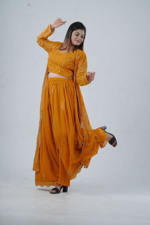 Modern Crop Top, Palazzo Pants & Elegant Overcoat Ensemble in Mustard