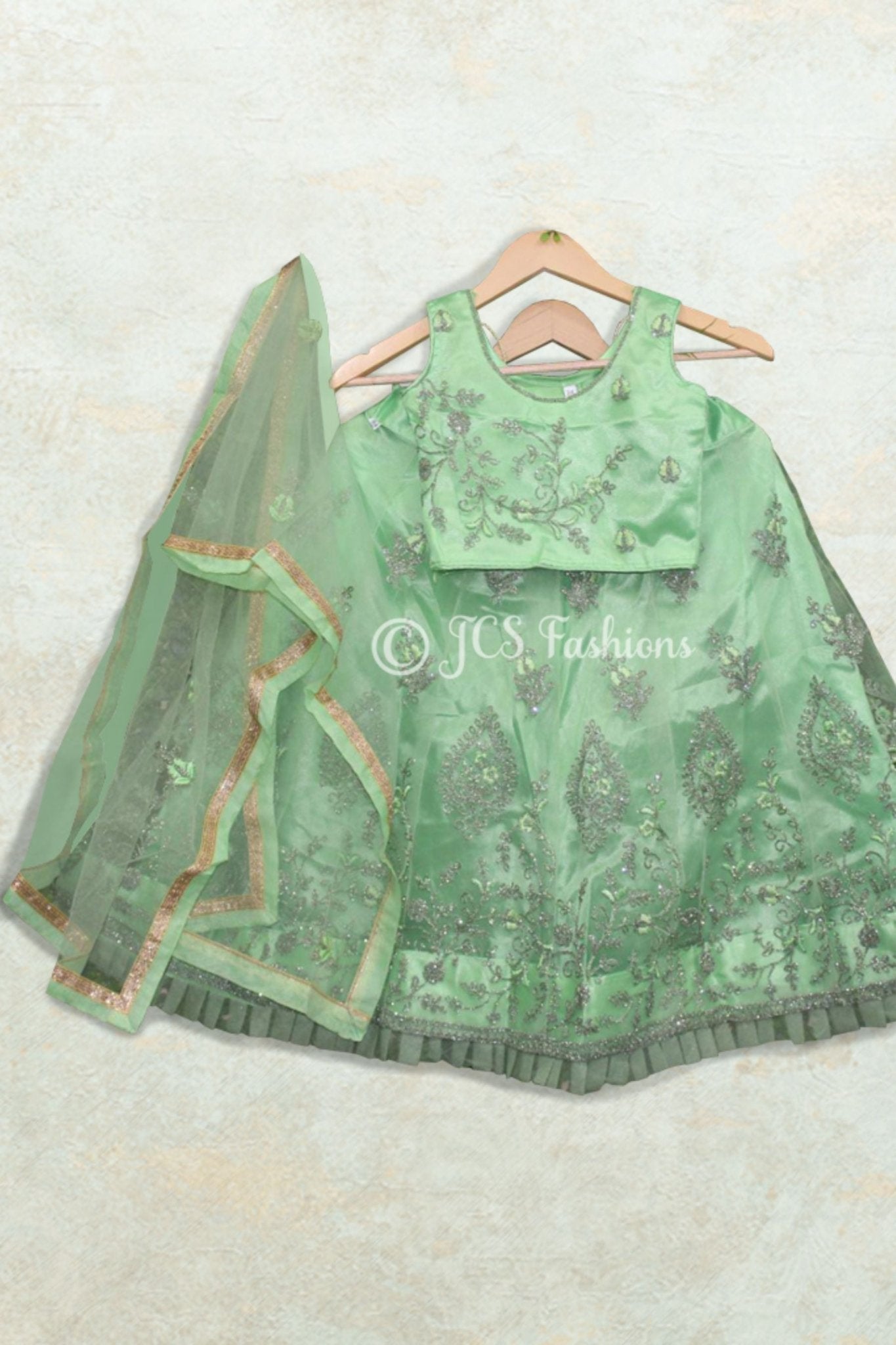 Net Frill Kids Lehenga Choli with Embroidery Stitched Blouse GIRLS JCS Fashions Pista Green 24