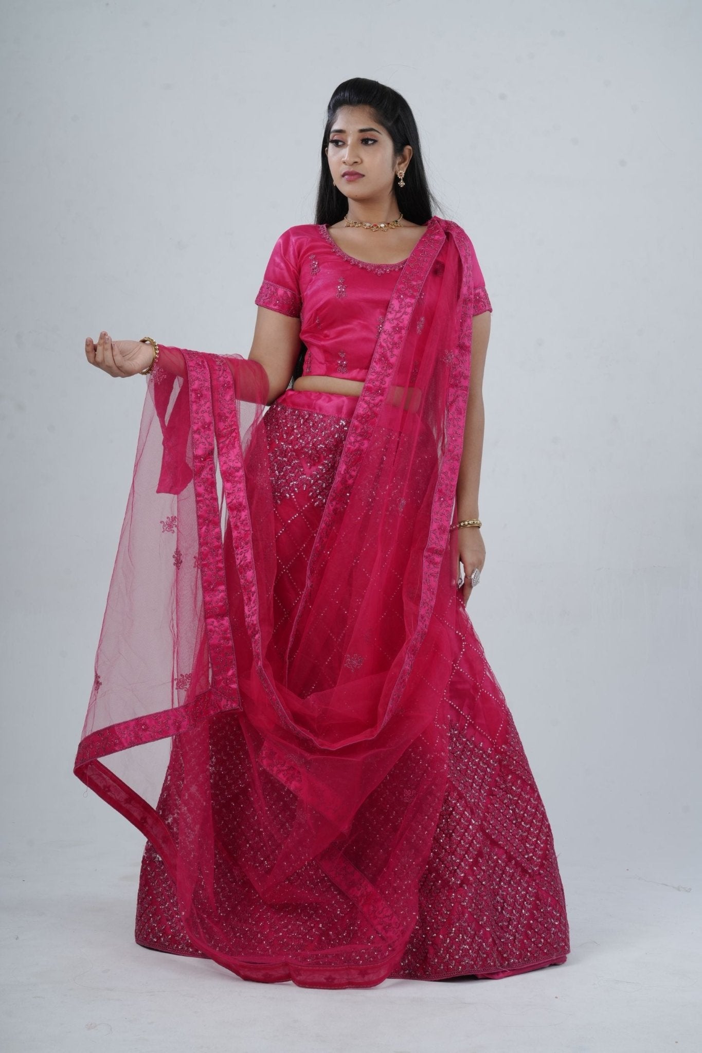 Opulent Soft Net Lehenga with Sequined Crop Top - Pink LEHENGA JCS Fashions Rani Pink Large (40)