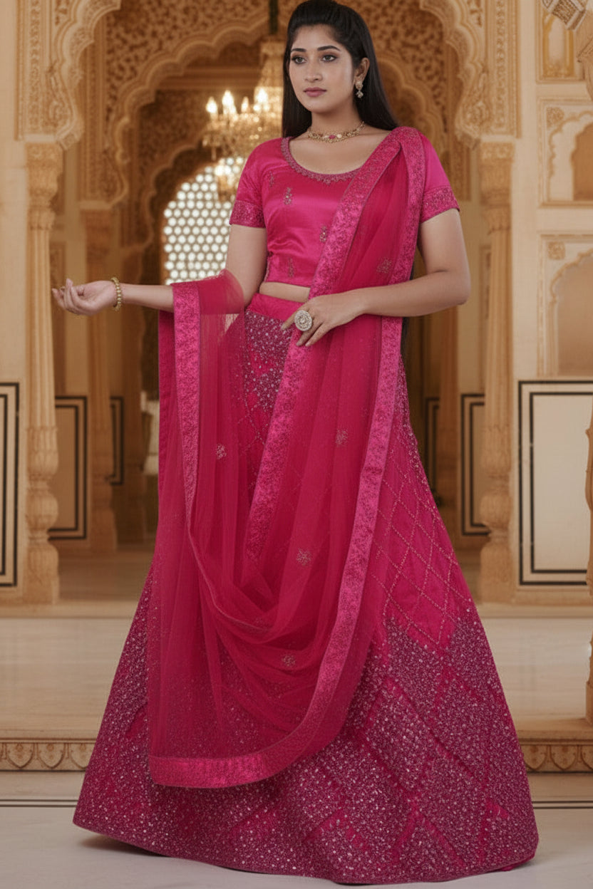 Opulent Soft Net Lehenga with Sequined Crop Top - Pink LEHENGA JCS Fashions Rani Pink Large (40)