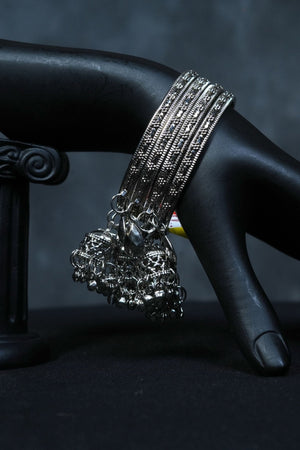 Silver Oxidized White Metal Bangles with Small Jhumkas