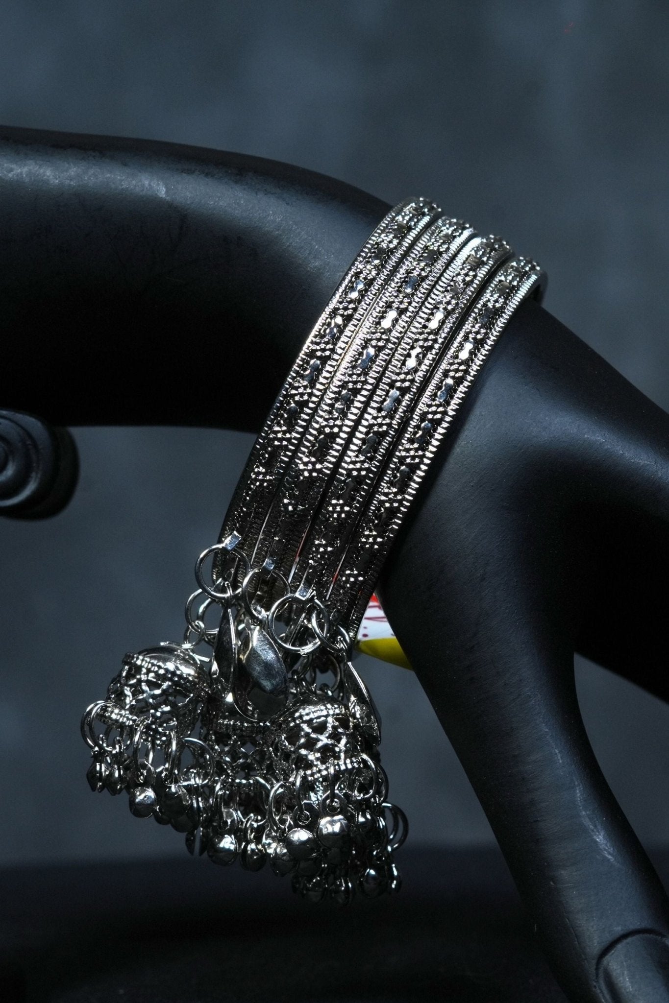 Oxidized White Metal Bangles with Small Jhumkas | Set of 2 |JCS Fashions Jewelry JCS Fashions silver 2.40