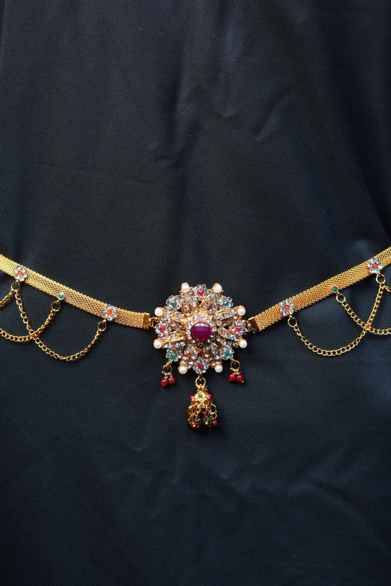 Pink and Green Stone Embellished Antique Hip Chain by JCS Fashion Jewelry JCS Fashions