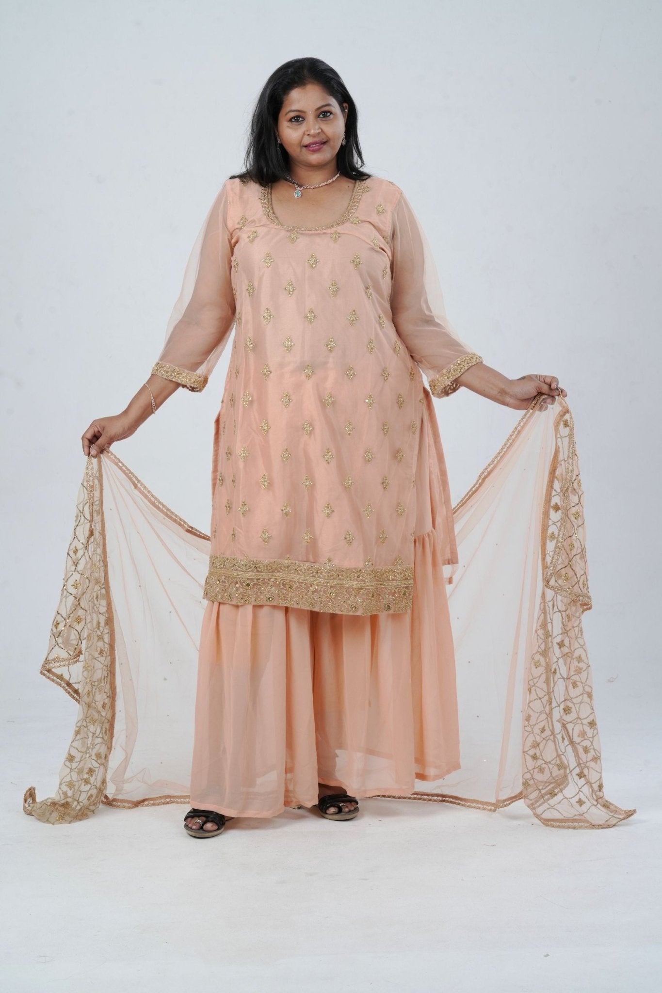 Plus Size: Ethnic Elegance: Soft Net Sharara in Peach KURTI JCS Fashions