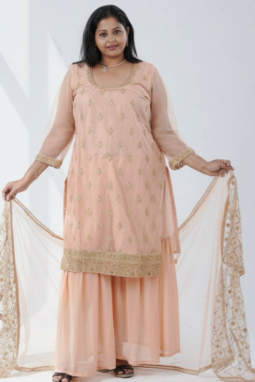Plus Size: Ethnic Elegance: Soft Net Sharara in Peach KURTI JCS Fashions