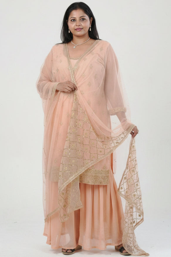 Plus Size: Ethnic Elegance: Soft Net Sharara in Peach KURTI JCS Fashions Peach XXX-Large (46)