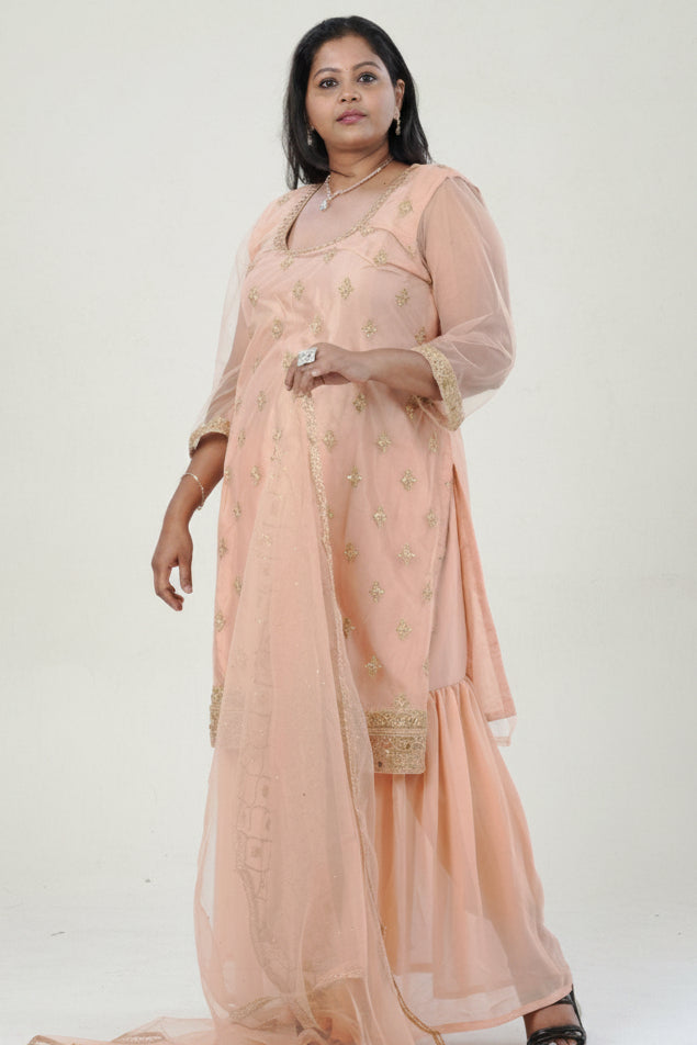 Plus Size: Ethnic Elegance: Soft Net Sharara in Peach KURTI JCS Fashions