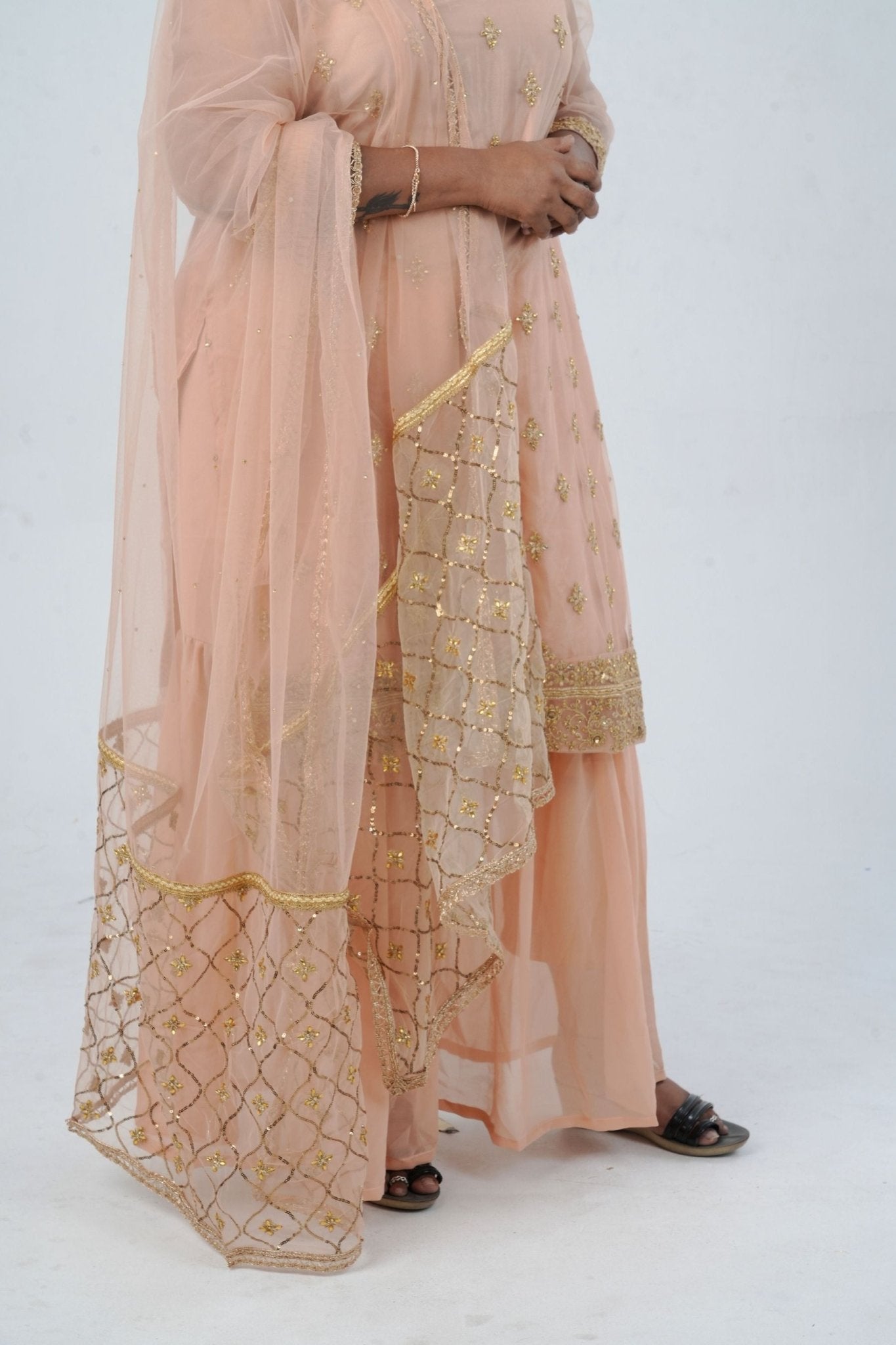 Plus Size: Ethnic Elegance: Soft Net Sharara in Peach KURTI JCS Fashions