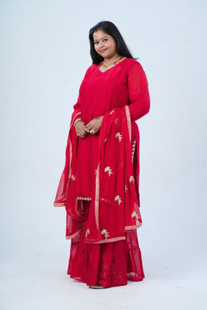 Red Plus Size: Georgette Sharara Suit: Embroidered