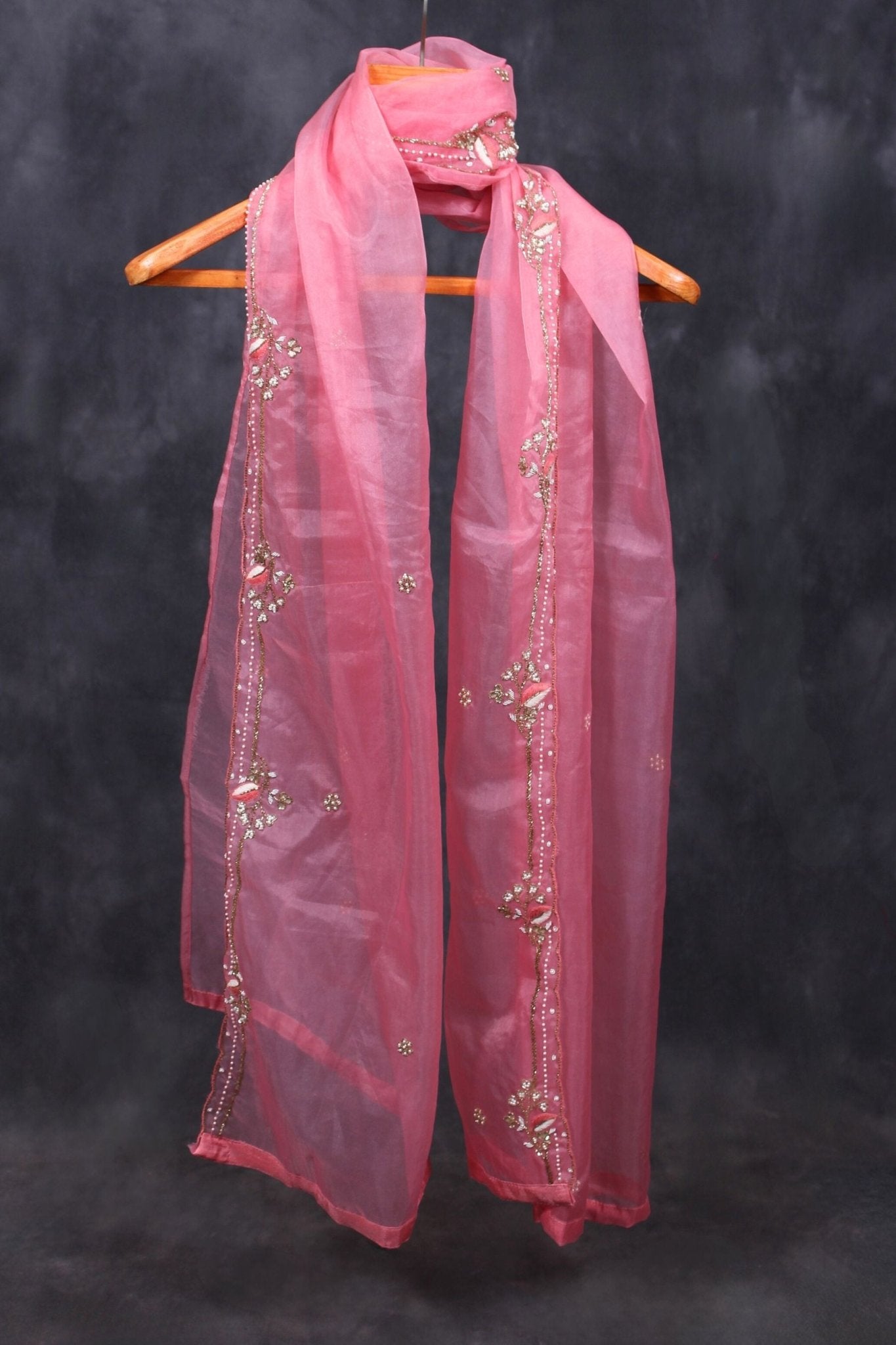 Premium Handcrafted Aari & Bead Work Organza Dupatta by JCSFashions Dupatta JCS Fashions Pink Free size